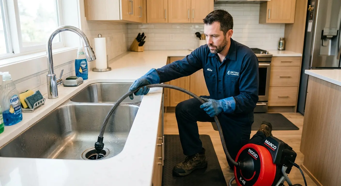 Drain cleaning technician using a motorized snake on a kitchen sink in Moorefield