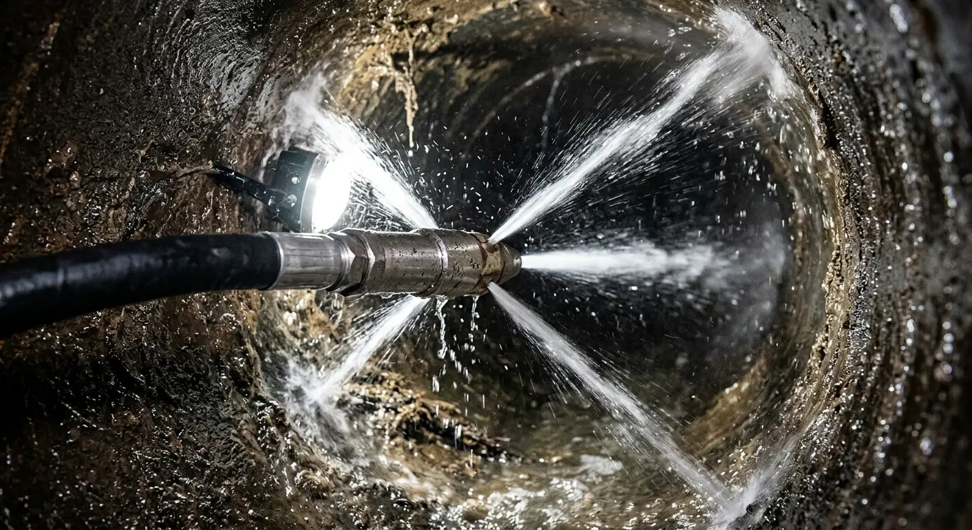 High-pressure hydro jetting nozzle cleaning sewer pipe for Trenchless Sewer Repair in Moorefield