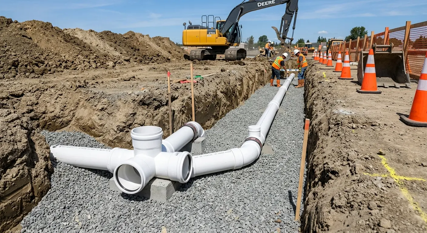 New PVC sewer pipe installation in open trench for Sewer Backup in Moorefield