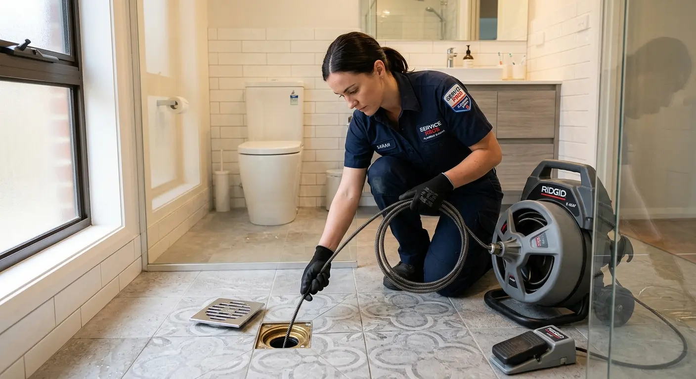 Technician clearing a bathroom floor drain for Drain Cleaning in Moorefield